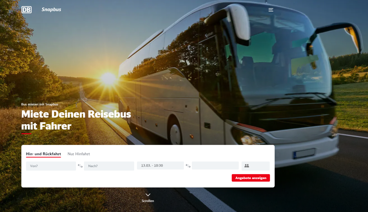 Homepage of the Snapbus booking platform 