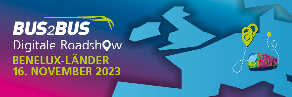 BUS2BUS-Logo und der Schriftzug „Digitale Roadshow, Benelux-Länder, 16. November 2023'. Auf einer Europakarte ist ein Bus, sein Streckenverlauf und sein Ziel eingezeichnet. 