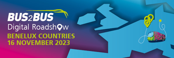 BUS2BUS logo and the caption ’Digital Roadshow, Benelux countries, 16 November 2023’. A map of Europe shows a bus, its route and destination. 