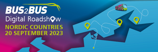 BUS2BUS logo and the caption ’Digital Roadshow, Nordic countries, 20 September 2023’. A map of Europe shows a bus, its route and destination. 